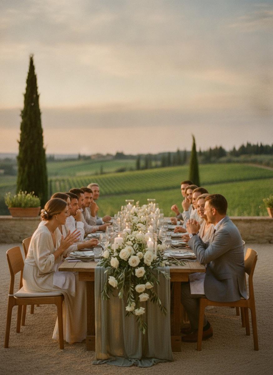 Wedding dinner on a Tuscan villa terrace at golden hour