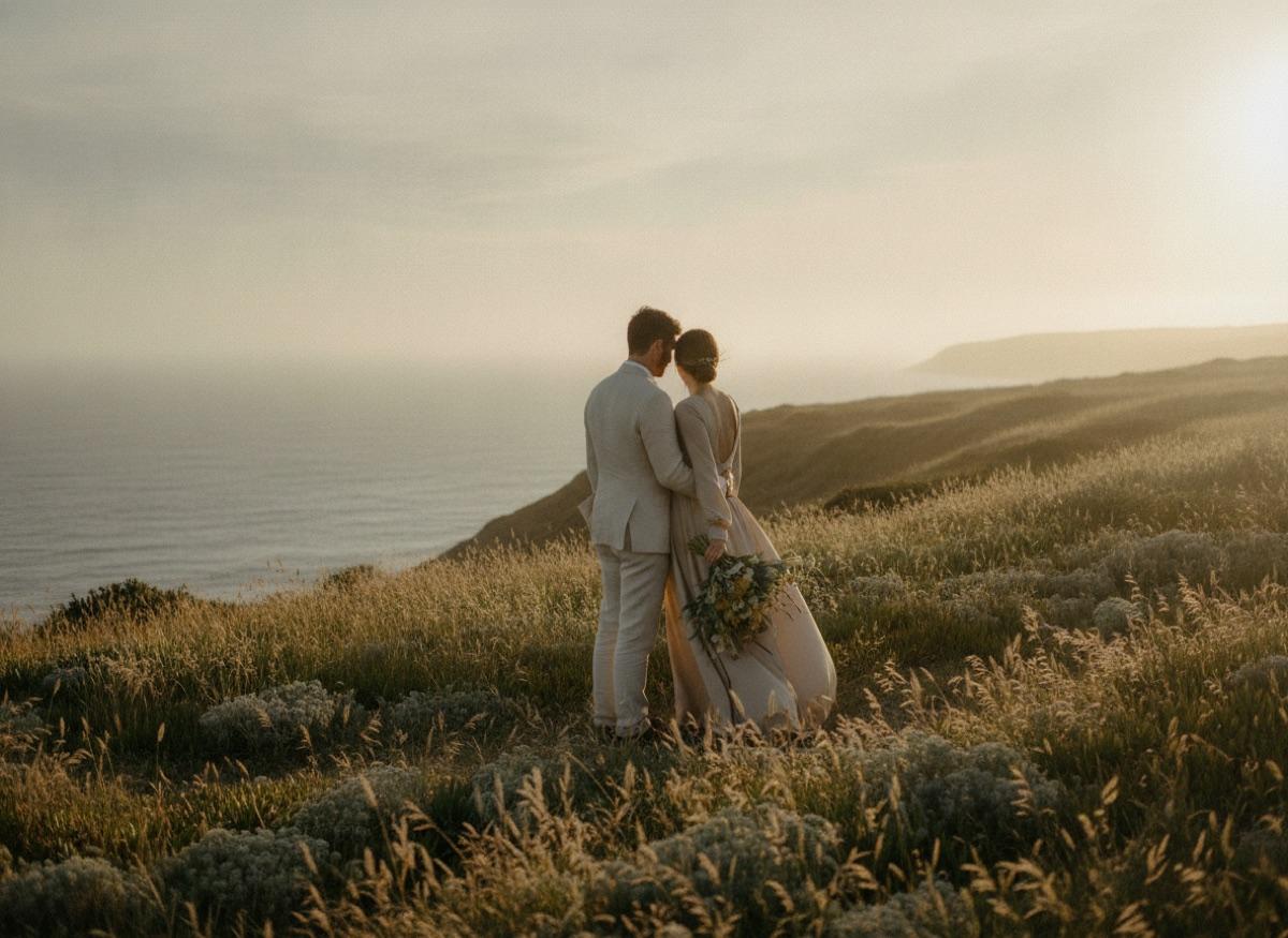 Couple eloping on a coastal cliff meadow