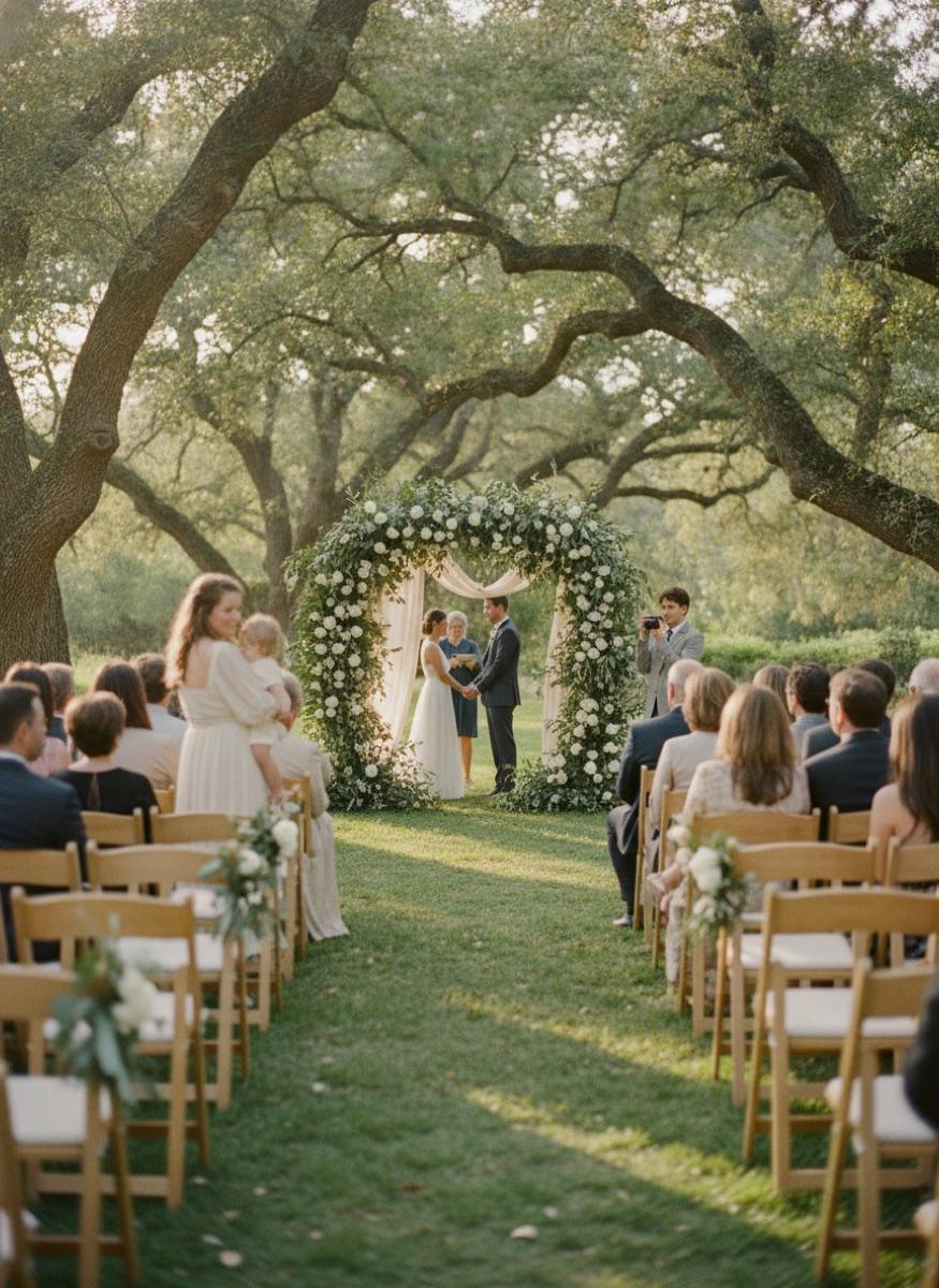 Garden wedding ceremony under old trees