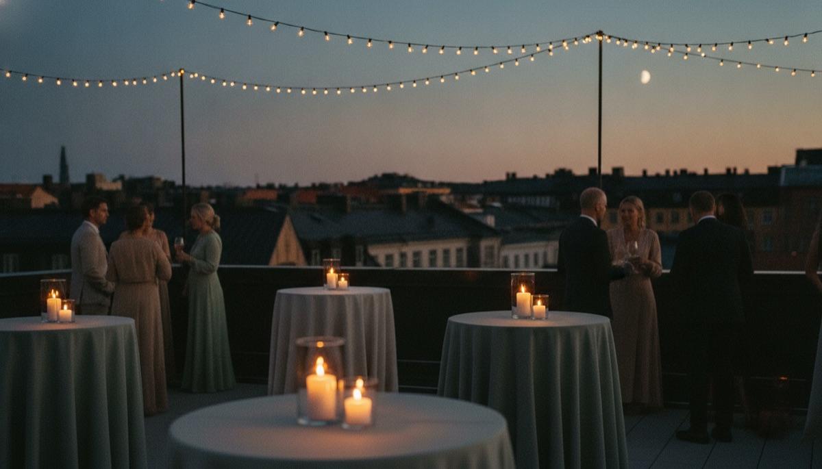 Rooftop wedding reception at blue hour
